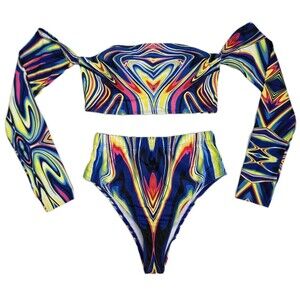 Multicolor Geometric Long Sleeve Bikini Set High Waisted Size S NWOT
